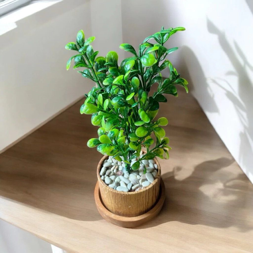 Set of 3 Mini Artificial Potted Plants - Faux Desk Plants in Aesthetic Wooden Pots detail view