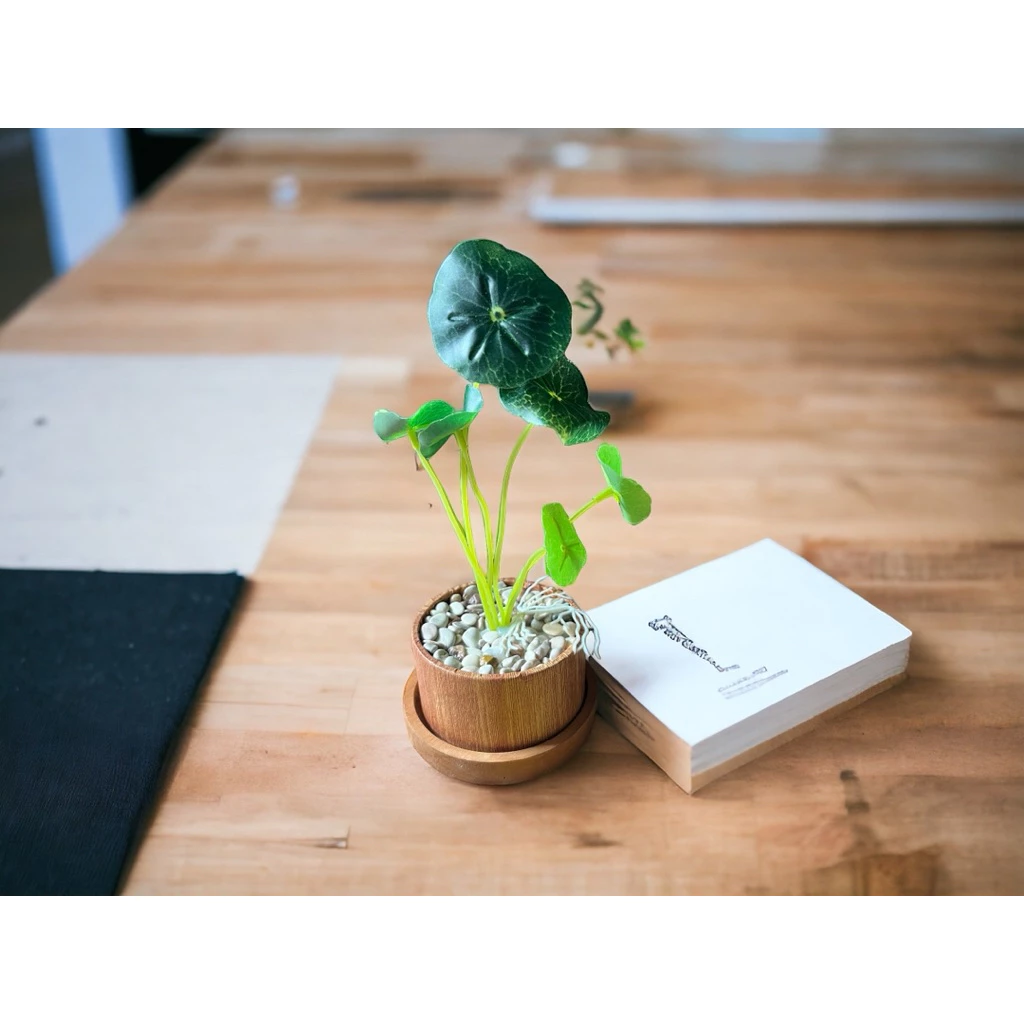 Set of 3 Mini Artificial Potted Plants - Faux Desk Plants in Aesthetic Wooden Pots detail view