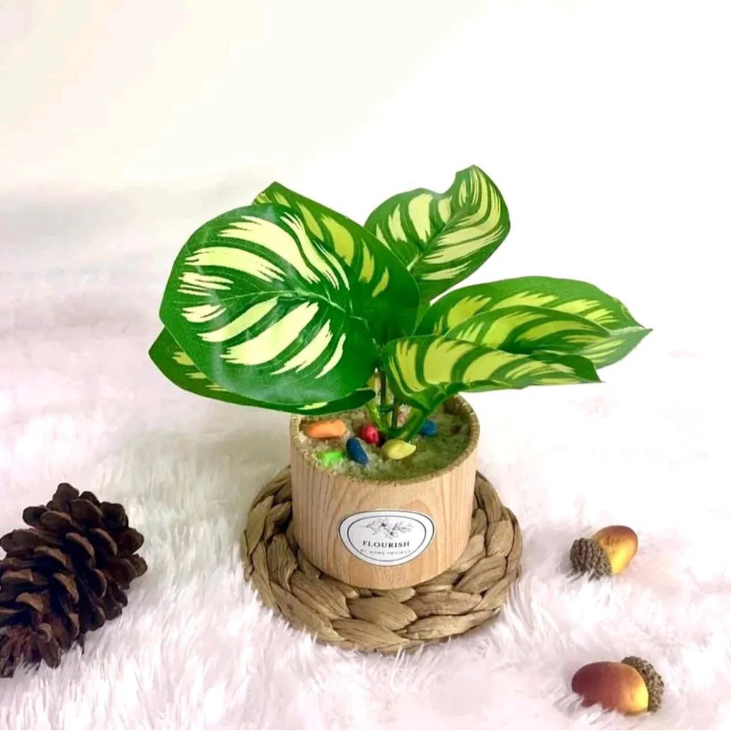 Set of 3 Mini Artificial Potted Plants - Faux Desk Plants in Aesthetic Wooden Pots detail view
