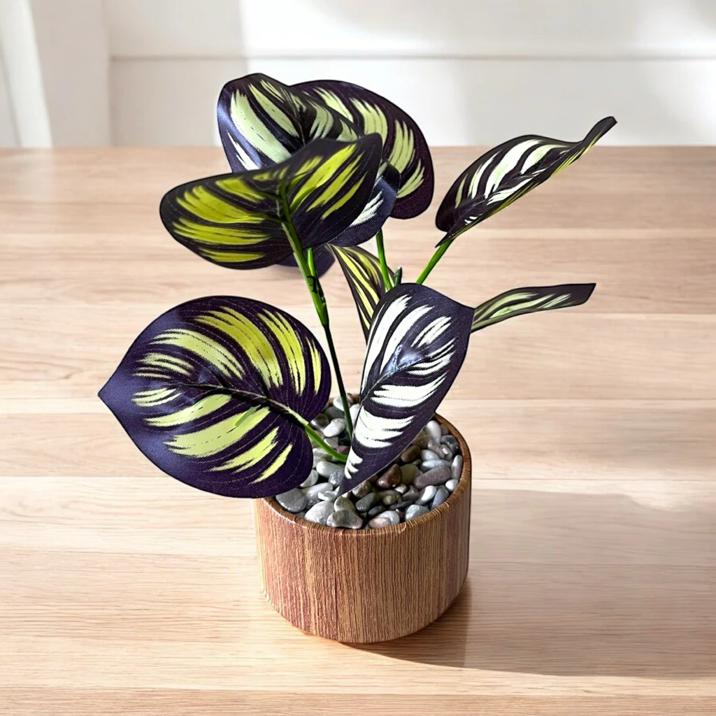 Set of 3 Mini Artificial Potted Plants - Faux Desk Plants in Aesthetic Wooden Pots detail view