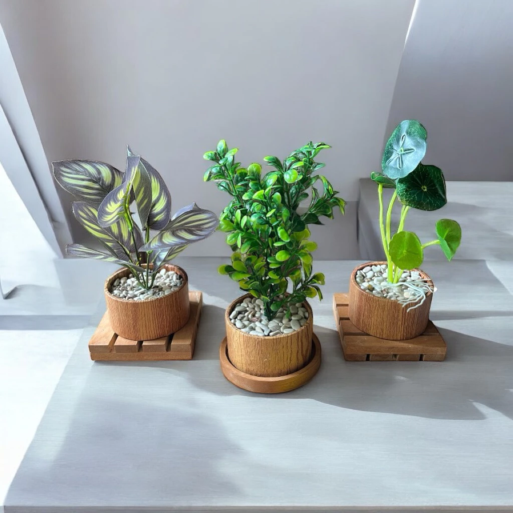 Set of 3 Mini Artificial Potted Plants - Faux Desk Plants in Aesthetic Wooden Pots detail view