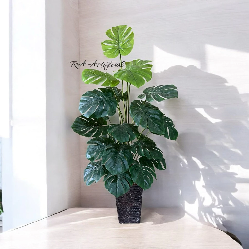 Tall Faux Monstera Deliciosa Plant (55") - 24 Real-Touch Leaves with Textured Planter detail view