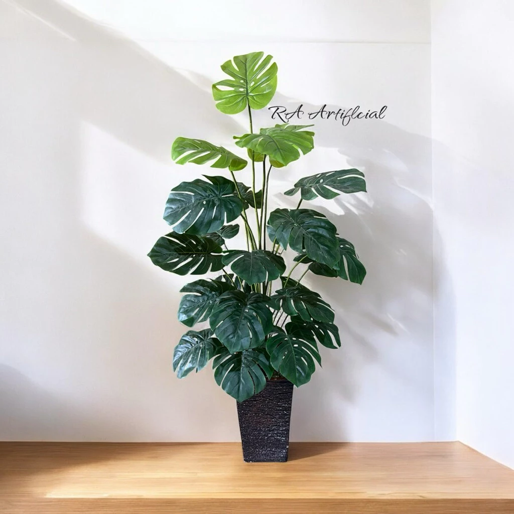 Tall Faux Monstera Deliciosa Plant (55") - 24 Real-Touch Leaves with Textured Planter detail view