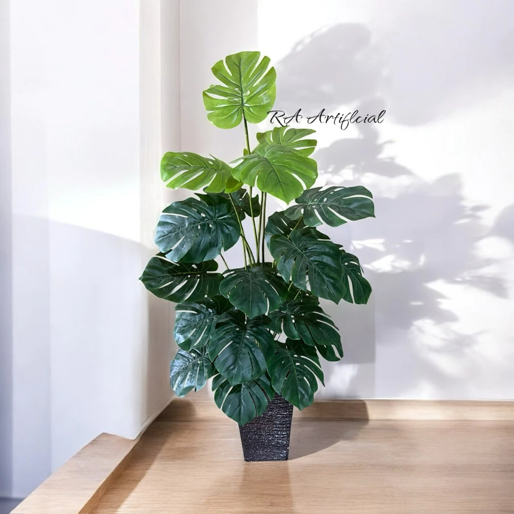 Tall Faux Monstera Deliciosa Plant (55") - 24 Real-Touch Leaves with Textured Planter detail view