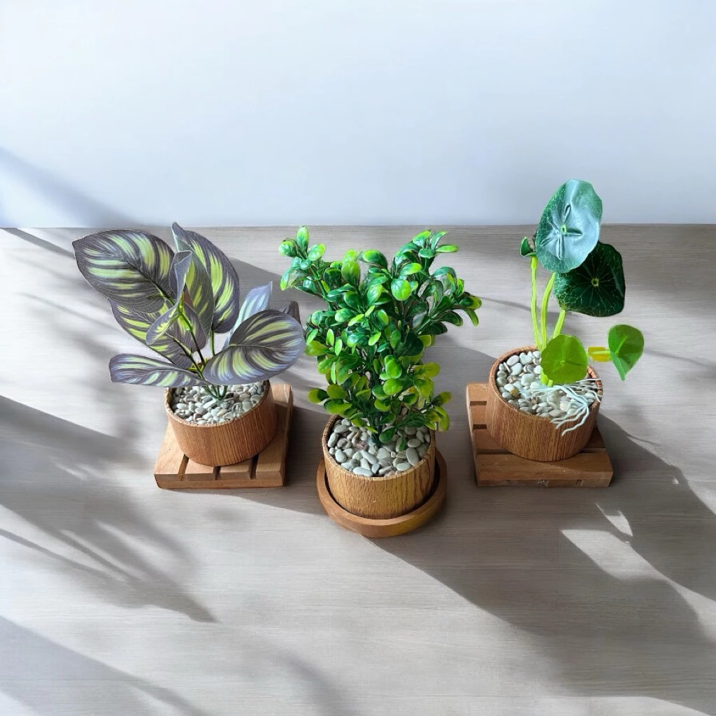 Set of 3 Mini Artificial Potted Plants - Faux Desk Plants in Aesthetic Wooden Pots