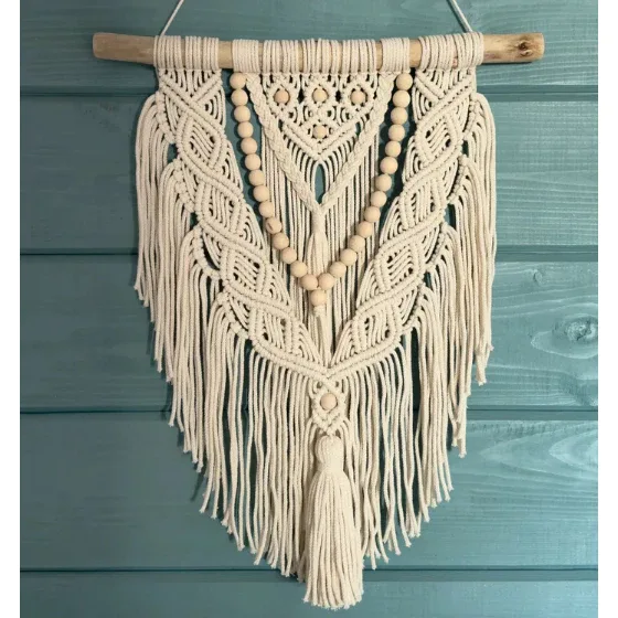 Boho Macrame Wall Hanging with Tassel – Geometric Cotton Knot Decor