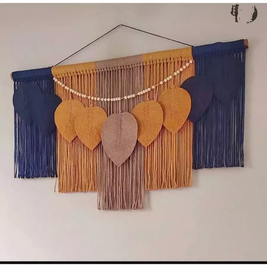 Large Macramé Fringe Wall Hanging – Colorblock Boho Leaf Tapestry