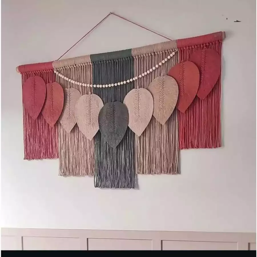Large Macramé Fringe Wall Hanging – Colorblock Boho Leaf Tapestry
