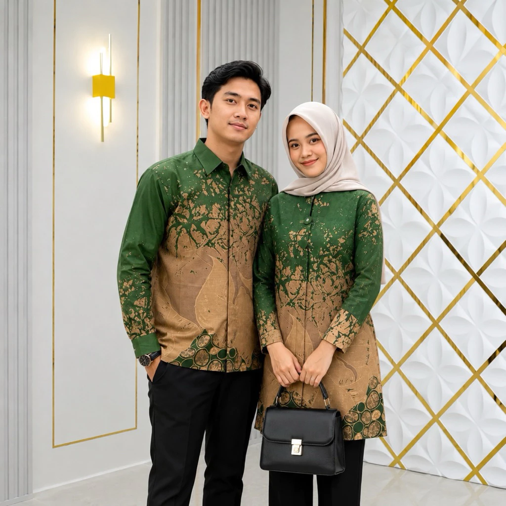 Nusa Weave Forest Green Couple Batik Shirt Set