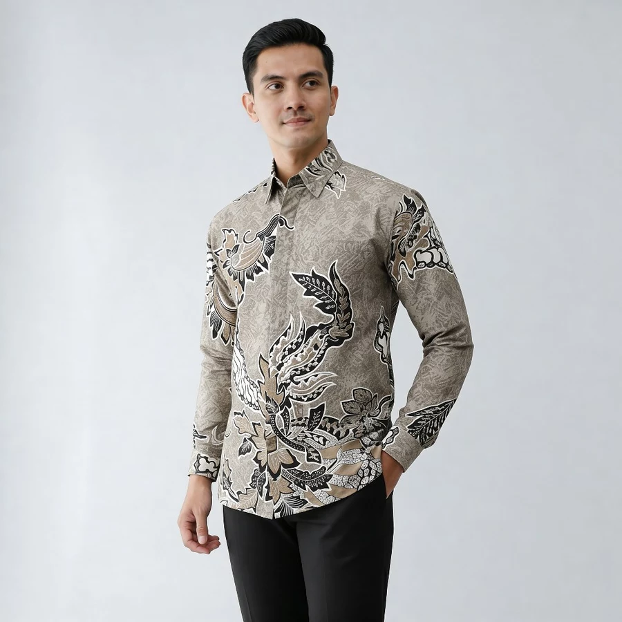 Men's Long-Sleeve Cotton Batik Shirt — Slim Fit (Green & Earth Tones)