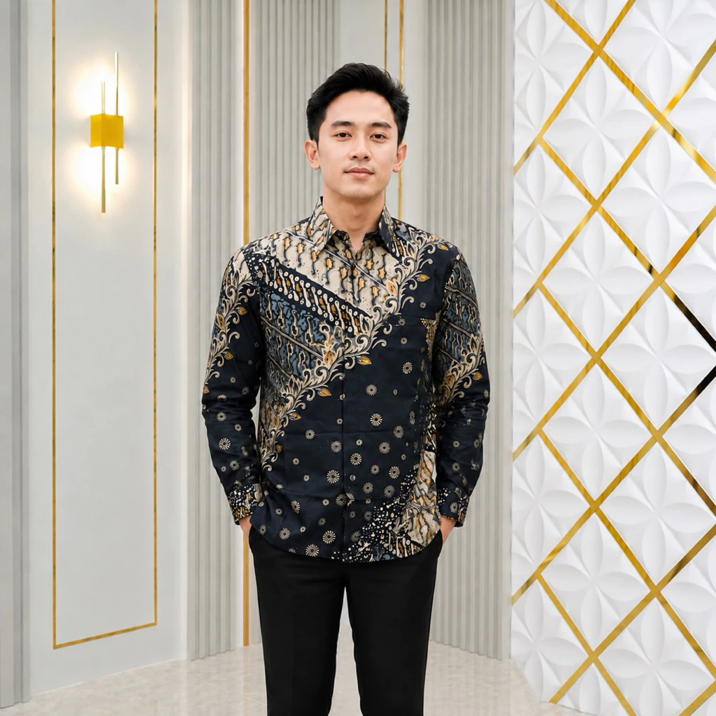 Man modeling a premium navy blue batik shirt with intricate gold and beige diagonal vine patterns and scattered floral motifs, wearing black trousers, standing in a modern room with gold lattice wall