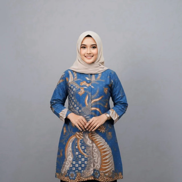 Front view of a Muslim woman wearing a modest blue batik long tunic with an intricate gold and grey phoenix design, styled with a light beige hijab and black pants.