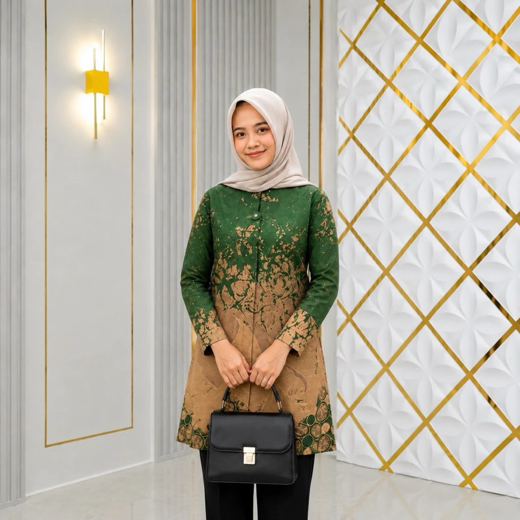 Woman wearing a modest forest green and tan batik long tunic with a high neck and intricate abstract patterns, styled with a light beige hijab and holding a black handbag, standing against a white tex