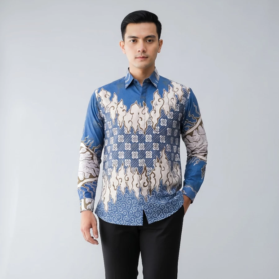 Men's long-sleeve batik shirt in the Mega Mendung motif — blue cloud pattern with checkered center panel
