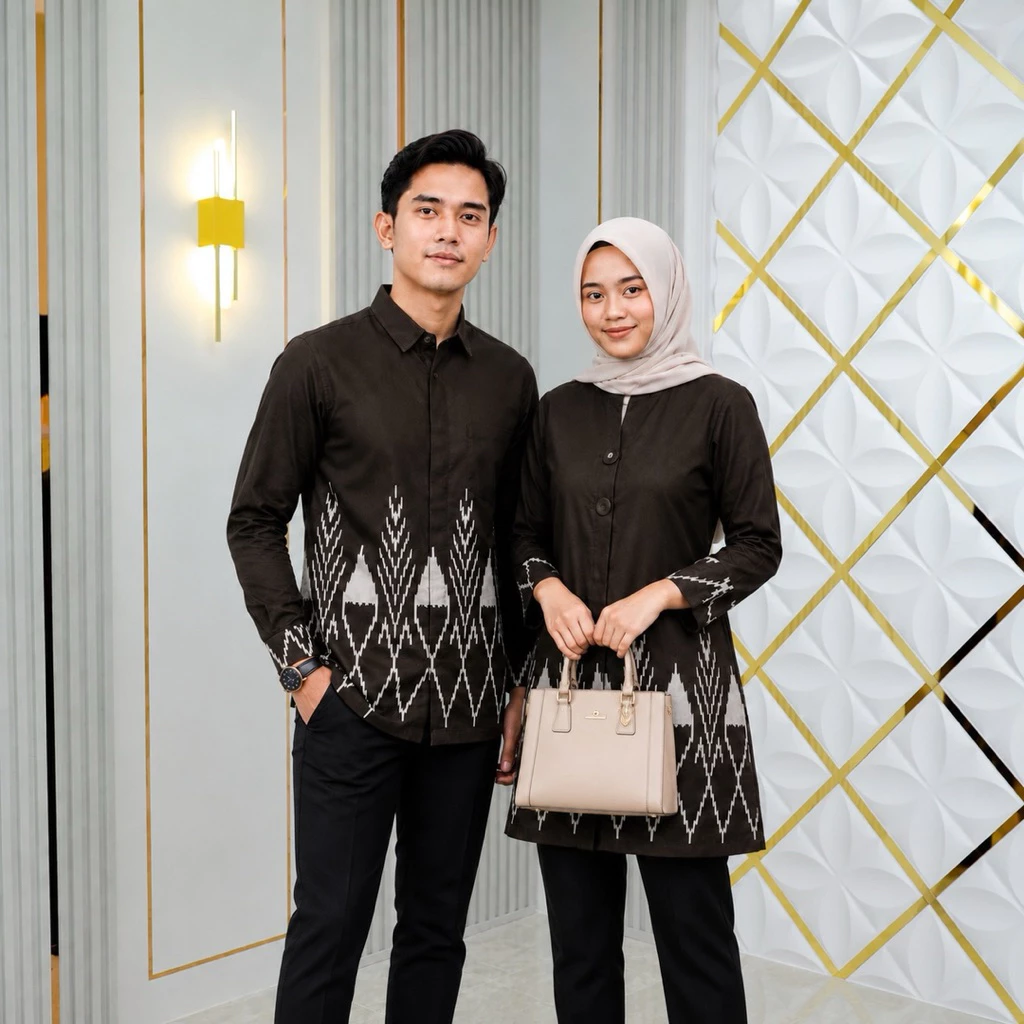 Batik Sarimbit Couple Set — Long-Sleeve Geometric Print, Dark Brown (Men's & Women's)