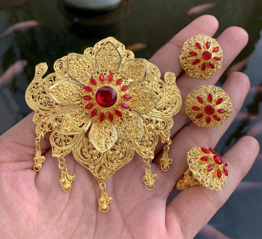 Balinese Kebaya Brooch Set — Grand Flower Mandala (Pakis) Motif, Gold-Plated Crystal (Brooch, Ring & Earrings)