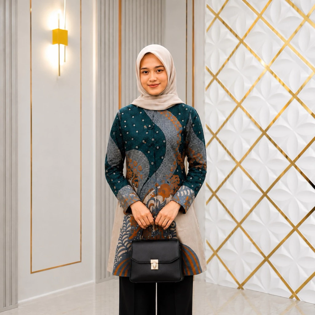 Woman wearing a matching emerald and beige batik tunic with long sleeves and a light cream hijab, holding a black handbag, standing against a white textured wall.