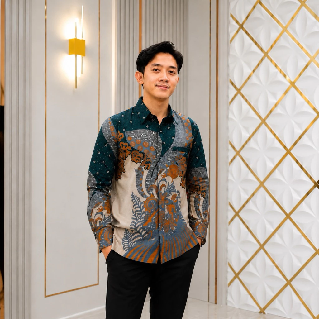 Man modeling a contemporary batik shirt featuring deep teal shoulders with star patterns and a beige body with burnt orange and grey floral motifs, hands in pockets.