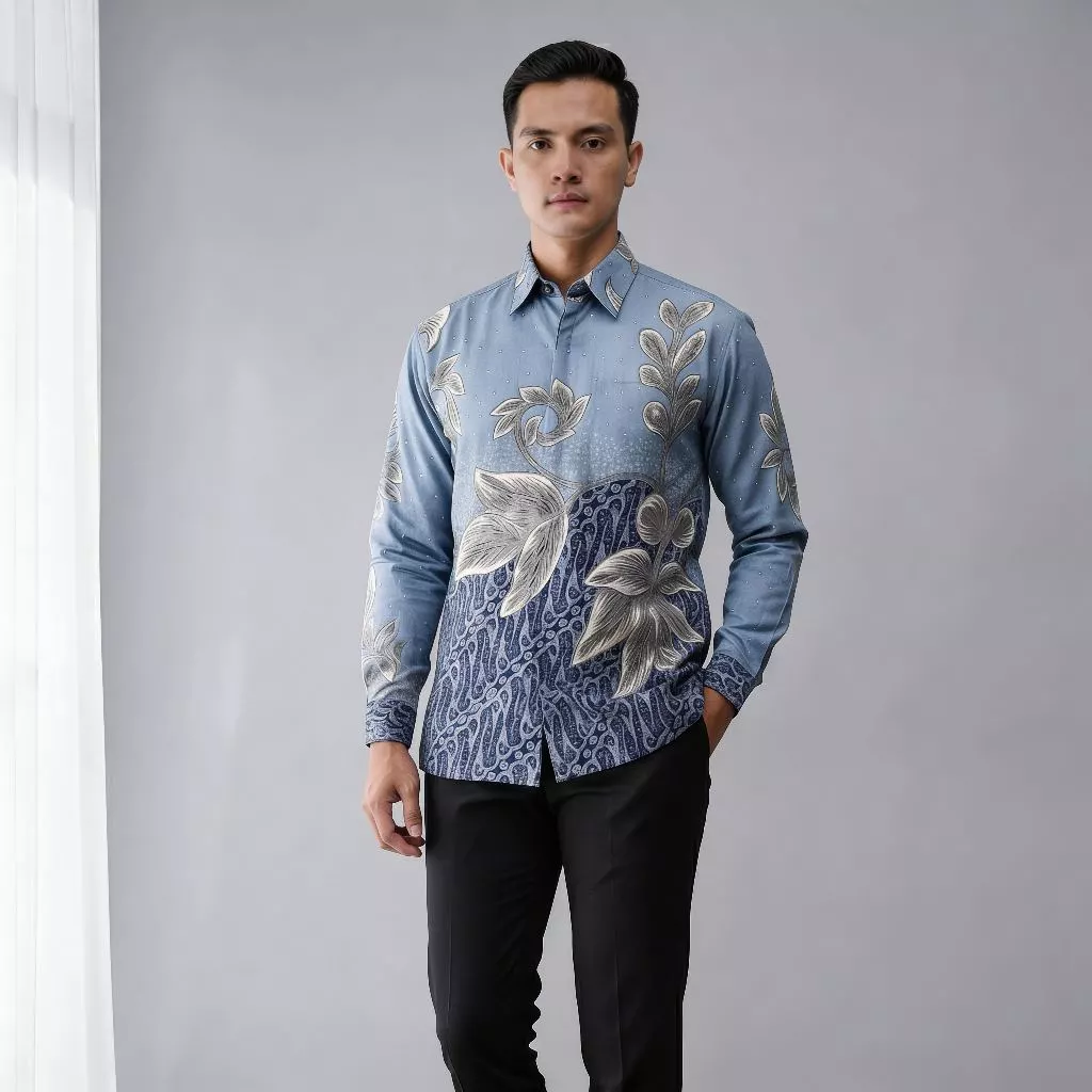 Men's slim-fit cotton batik shirt in the Lasem Biru motif — denim blue with bold silver-grey tendrils