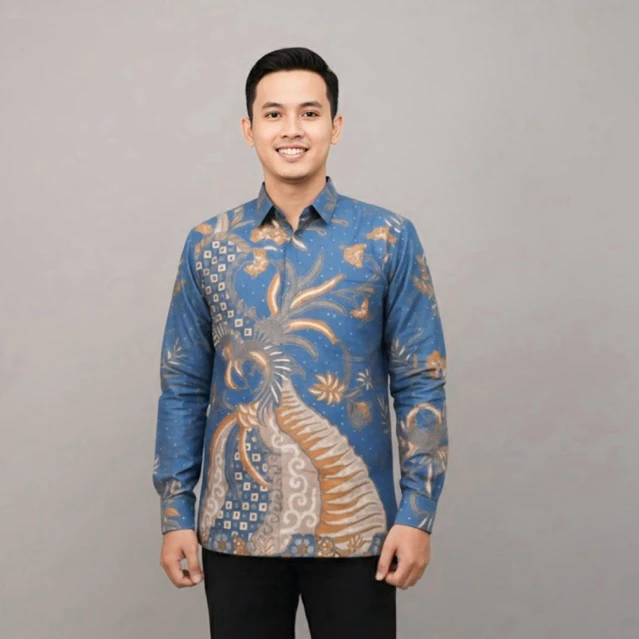 Front view of a handsome man wearing a premium blue batik shirt with a large gold and grey bird motif and geometric diamond patterns, paired with black trousers.