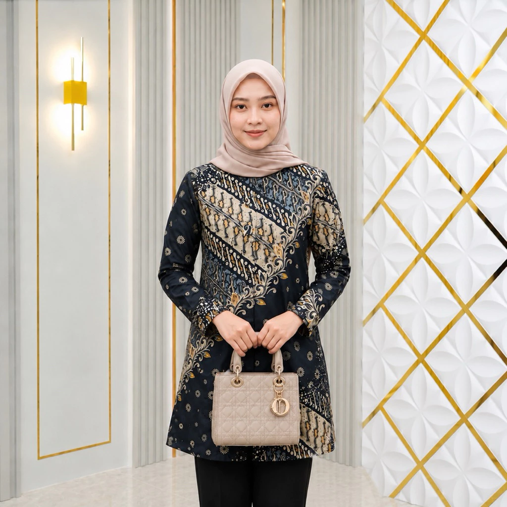 Elegant Muslim woman wearing a long-sleeved navy blue batik tunic with gold and beige floral patterns, paired with a light beige hijab and holding a quilted beige handbag, standing against a white wal