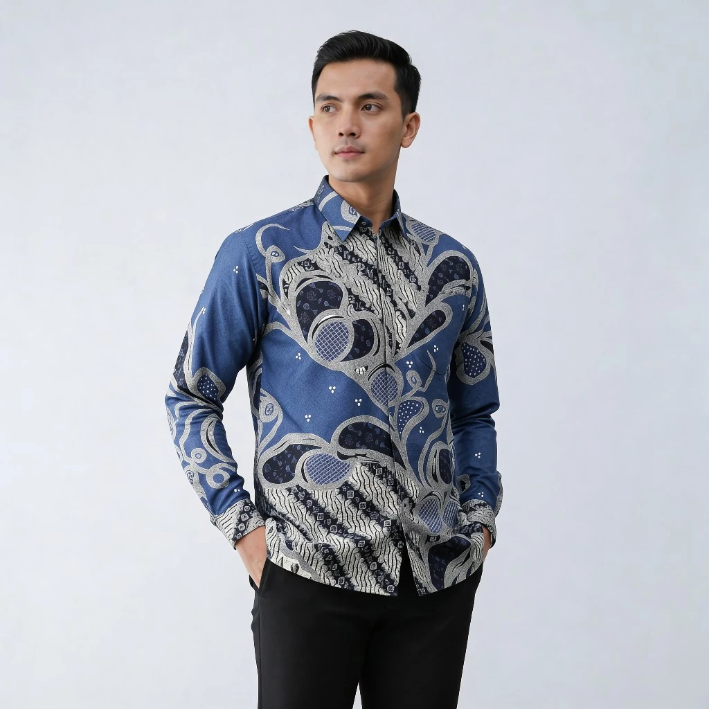 Men's slim-fit long-sleeve batik shirt in the Asmoro motif — soft blue with cream floral pattern