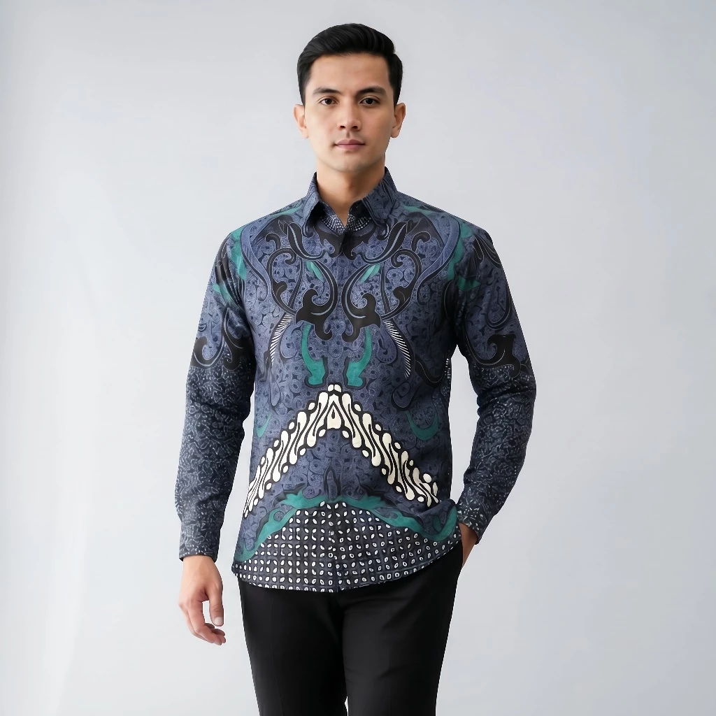 Men's cotton batik shirt in the Amangkurat motif — grey-blue with black-and-white ornamental design