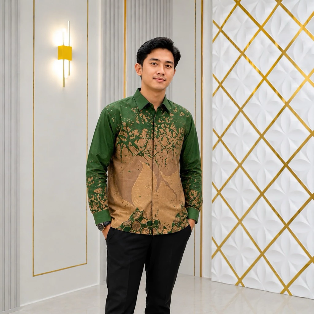 Man wearing a premium forest green and tan batik long-sleeve shirt featuring abstract leaf patterns and circular motifs at the hem, paired with black trousers, standing in a modern room with gold latt